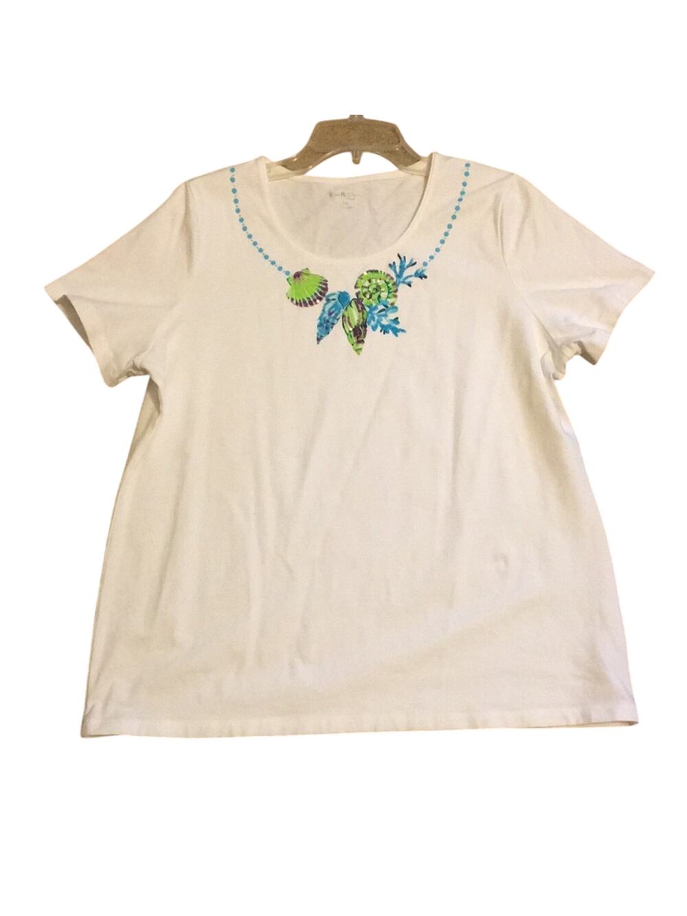 Kim Rogers Petite XL Seashell White Cotton Blend Top Scoop Neck Short Sleeves